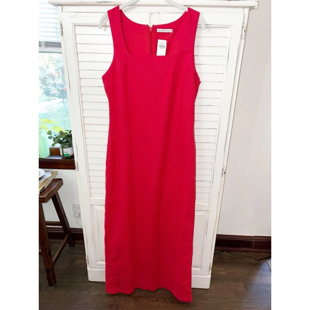 NWT Abercrombie & Fitch Red Sheath Maxi Dress Square Neck Linen Med Tall